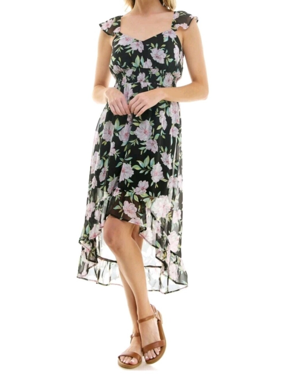 No Bounderies  High Low  Soft Pink And Peach Florial Ruffled halter Flowing Hem